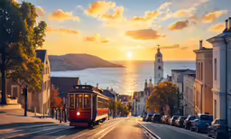 a trolley travels down the tracks next to the water