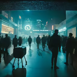 a crowd of people on a city street at night