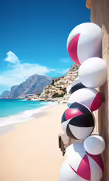 a bunch of balloons hanging from the side of a building near the beach