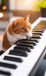 an orange and white cat sits at a piano