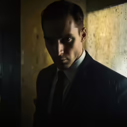 a man with a suit and tie standing near a window