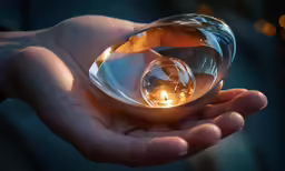 someone holds a crystal ball with one light glowing inside