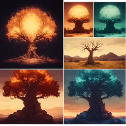 four pictures show a tree, with fire pouring out of the branches,five scenes with tree in different locations during different stages