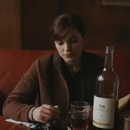 a woman is sitting at the table next to a bottle