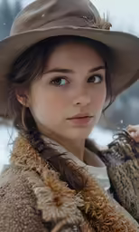 the young woman in hat and coat looks forward