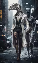 the two people are walking down the street