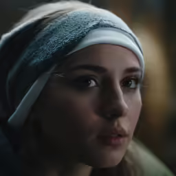 a woman with head wrap and ear flaps on