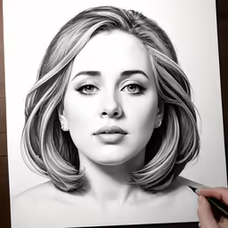 woman with blond hair in black and white drawing