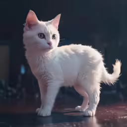 a cat standing on a table looking up