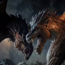 two dark and bloody looking dragon fight in a dark, shadowy forest