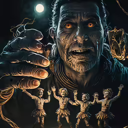 an image of a demonic man holding his hand up to show the skeleton - like head
