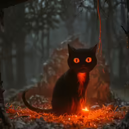 cat staring intently at the camera on a path in the dark forest