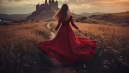 woman in red gown walking through meadow at sunset