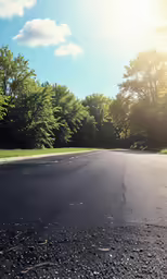 a street has asphalt and trees along the sides
