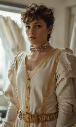 woman dressed in an antique clothing with a halter neck dress