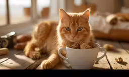 the kitten is sitting inside of the cup