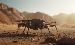 a large, horned spider walking across a barren terrain