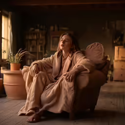 a woman sits on a chair and looks away from the camera