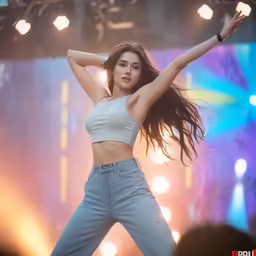 a young woman wearing grey pants and white shirt, performing on stage