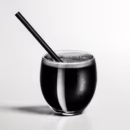 a black glass with a straw is sitting on the table