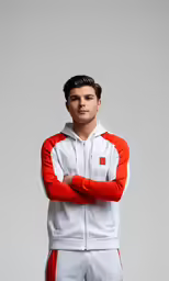 a man posing for a portrait wearing a white and red track suit