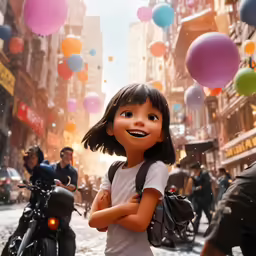 a girl with a backpack on stands among balloons in the street