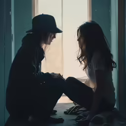 a woman and man sitting on a bed next to each other
