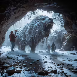 a giant animal walking down a road in a tunnel