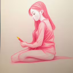 drawing of a red headed woman sitting in front of a phone,drawing of a red haired girl using a smart phone