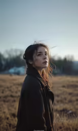 a woman stands in a field with her head turned to the side