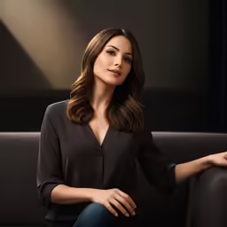 a woman in dark shirt sitting on couch next to chair