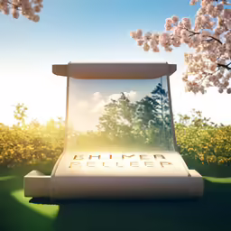 a futuristic, portable sculpture near flowering trees on grass