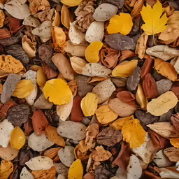 lots of colorful leaves and rocks on the ground