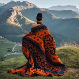 a lady in an orange dress sitting on a hill top overlooking mountains