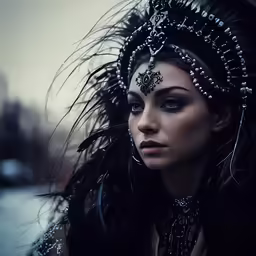 woman with a black feather headdress and jewelry on