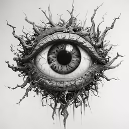 an artistic drawing shows an image of an eye with tree branches and water in the foreground