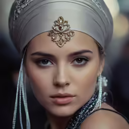 a beautiful young woman wearing an indian headpiece