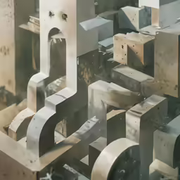 some metal sculptures are stacked together