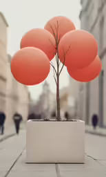 a potted tree on the ground with lots of balloons around
