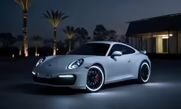 a white porsche parked in front of a house