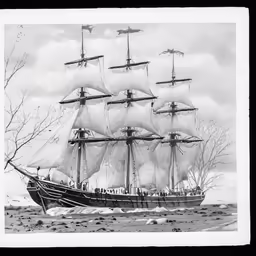 a large ship in the ocean with a lot of sails