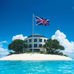 an island with the british flag waving in the ocean