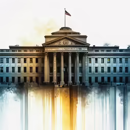 the building with pillars has two flags on top