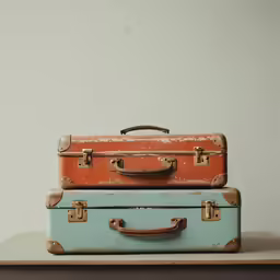 two old suitcases sit on a shelf, each of which has a handle and a lock