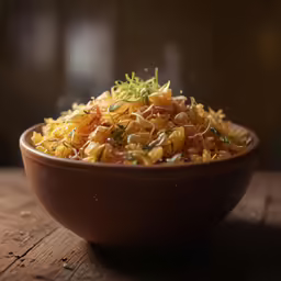 a brown bowl of pasta sitting on top of a wooden table