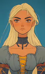 an illustrated painting with blond hair, in blue dress and yellow bra