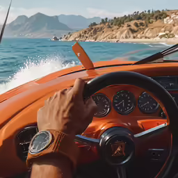 someone driving an orange boat in the ocean