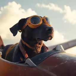 a brown dog with goggles on, sitting in a cockpit of an airplane