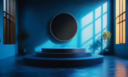 the blue walls of a room, with an open window and round mirror on the wall