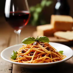 a plate of pasta with basil and bread